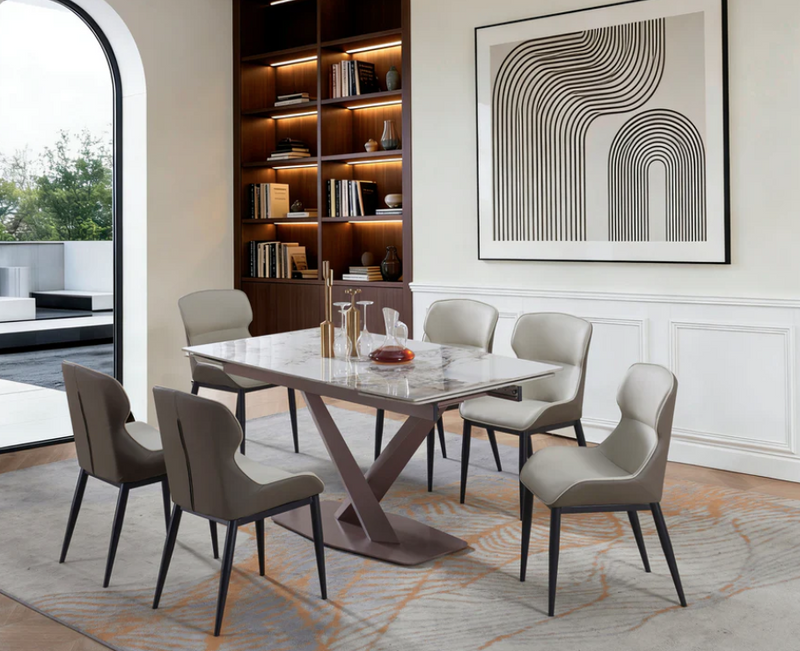 Ceramic top dining table set with 6 chairs Marble LOOK D7001 7PC