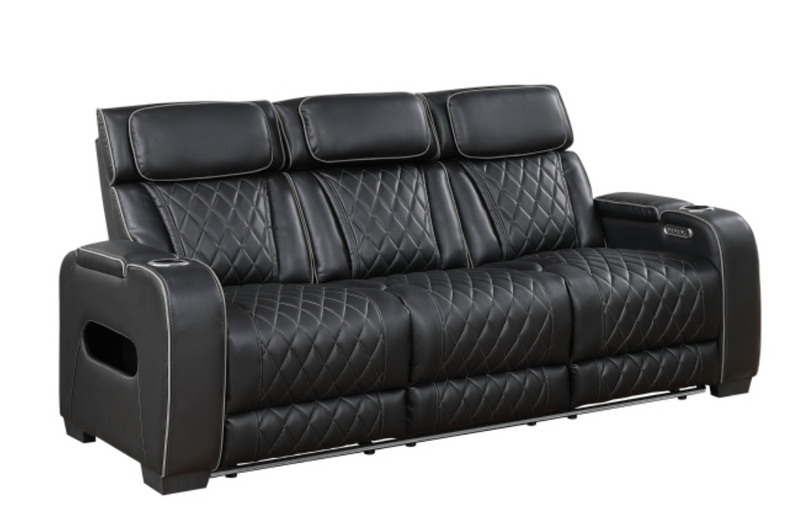 9516BLK-3PWH Power Double Reclining Sofa with Center Drop-Down Cup Holders