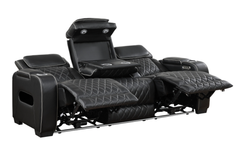 9516BLK-3PWH Power Double Reclining Sofa with Center Drop-Down Cup Holders