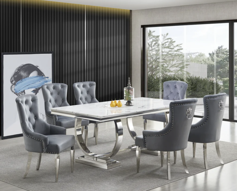 Elegant Marble style look in white with gray chairs D1003 7PC