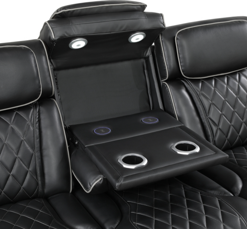 9516BLK-3PWH Power Double Reclining Sofa with Center Drop-Down Cup Holders