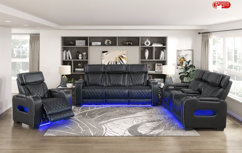 9516BLK-3PWH Power Double Reclining Sofa with Center Drop-Down Cup Holders