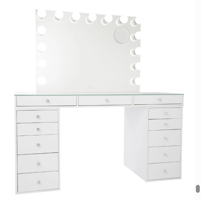 SlayStation Lumina Pro 2.0 Tabletop w/ LED Light + Vanity Mirror + 5 Drawer Units Bundle in White RGB