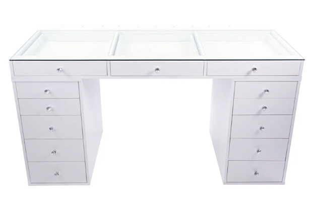SlayStation Lumina Pro 2.0 Tabletop w/ LED Light + Vanity Mirror + 5 Drawer Units Bundle in White RGB