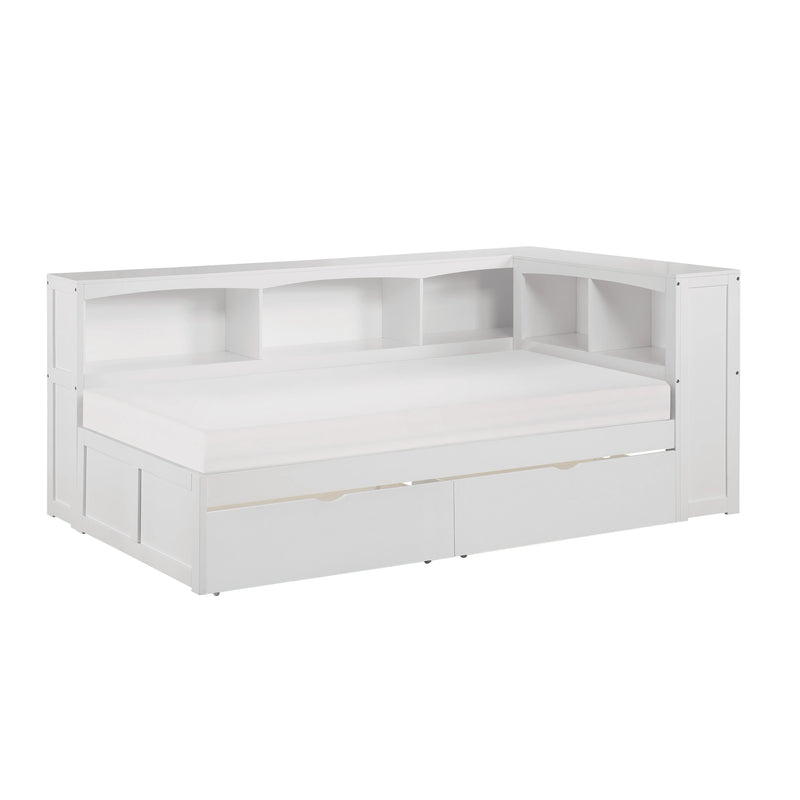 Galen-(4) Twin Bookcase Corner Platform Bed with Storage Boxes image